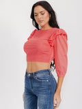 WOMEN'S 3/4 SLEEVES OPEN BACK RUFFLE EYELET CROP TOP