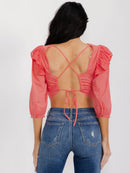 WOMEN'S 3/4 SLEEVES OPEN BACK RUFFLE EYELET CROP TOP