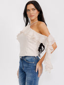 WOMEN'S OFF SHOULDER RUFFLE DETAILED HALTER NECK TOP