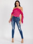 WOMEN'S OFF SHOULDER RUFFLE DETAILED HALTER NECK TOP