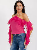 WOMEN'S OFF SHOULDER RUFFLE DETAILED HALTER NECK TOP