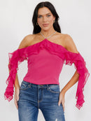 WOMEN'S OFF SHOULDER RUFFLE DETAILED HALTER NECK TOP