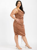PLUS SIZE SLEEVELESS COWL NECK RUCHED POLKA DOTS MIDI DRESS