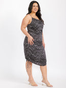 PLUS SIZE SLEEVELESS COWL NECK RUCHED POLKA DOTS MIDI DRESS