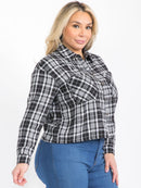 PLUS SIZE LONG SLEEVE BUTTON UP FRONT POCKETS PLAID TOP