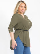 PLUS SIZE 3/4 SLEEVELESS BUTTON UP BELTED TUNIC BLOUSE