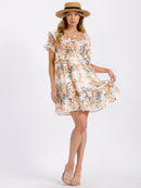 WOMEN'S SHORT SLEEVE ELASTIC WAIST TIERED FLORAL MINI DRESS