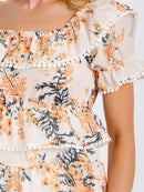 WOMEN'S SHORT SLEEVE ELASTIC WAIST TIERED FLORAL MINI DRESS