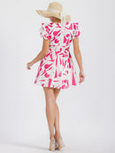 WOMEN'S SHORT RUFFLE SLEEVES SMOCK WAIST V-NECK PRINTED MINI DRESS