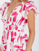 WOMEN'S SHORT RUFFLE SLEEVES SMOCK WAIST V-NECK PRINTED MINI DRESS