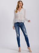 WOMEN'S LONG SLEEVE V-NECK BUTTON UP SMOCK SWISS DETAILED BLOUSE