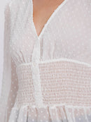 WOMEN'S LONG SLEEVE V-NECK BUTTON UP SMOCK SWISS DETAILED BLOUSE