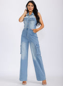 WOMEN'S SLEEVELESS HALTER NECK POCKETS DENIM WASHED WIDE LEG JUMPSUIT