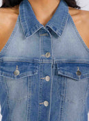 WOMEN'S SLEEVELESS HALTER NECK POCKETS DENIM WASHED WIDE LEG JUMPSUIT