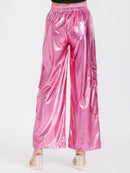 WOMEN'S BUTTON CLOSURE CARGO POCKETS METALLIC WIDE LEG PANTS
