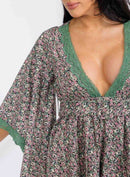 WOMEN'S SHORT BELL SLEEVES V-NECK BELTED FLORAL ROMPER