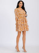 WOMEN'S SHORT SLEEVE SMOCK SELF TIE RUFFLE TIERED FLORAL PRINT MINI DRESS