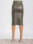WOMEN'S ZIP UP FRONT SLIT BELTED STRETCH PENCIL MIDI SKIRT