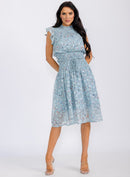 WOMEN'S RUFFLE SLEEVE SMOCK SELF TIE FLORAL PRINT MIDI DRESS
