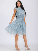 WOMEN'S RUFFLE SLEEVE SMOCK SELF TIE FLORAL PRINT MIDI DRESS