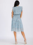 WOMEN'S RUFFLE SLEEVE SMOCK SELF TIE FLORAL PRINT MIDI DRESS