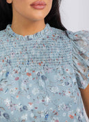WOMEN'S RUFFLE SLEEVE SMOCK SELF TIE FLORAL PRINT MIDI DRESS