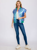 WOMEN'S SLEEVELESS ZIP UP FRONT POCKETS METALLIC VEST