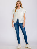 WOMEN'S SLEEVELESS ZIP UP FRONT POCKETS METALLIC VEST