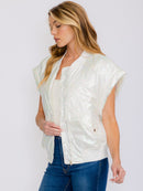 WOMEN'S SLEEVELESS ZIP UP FRONT POCKETS METALLIC VEST