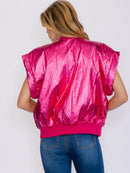 WOMEN'S SLEEVELESS ZIP UP FRONT POCKETS METALLIC VEST