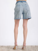 WOMEN'S BUTTON CLOSURE POCKETS DENIM WASHED SHORTS
