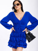 WOMEN'S LONG SLEEVES V-NECK SMOCK WAIST TIERED RUFFLE MINI DRESS