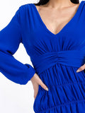 WOMEN'S LONG SLEEVES V-NECK SMOCK WAIST TIERED RUFFLE MINI DRESS