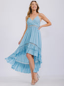 WOMEN'S SLEEVELESS SURPLICE SMOCK HIGH-LOW RUFFLE TRIM MAXI DRESS