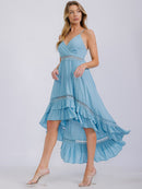 WOMEN'S SLEEVELESS SURPLICE SMOCK HIGH-LOW RUFFLE TRIM MAXI DRESS