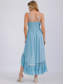 WOMEN'S SLEEVELESS SURPLICE SMOCK HIGH-LOW RUFFLE TRIM MAXI DRESS