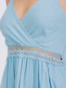 WOMEN'S SLEEVELESS SURPLICE SMOCK HIGH-LOW RUFFLE TRIM MAXI DRESS