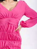 WOMEN'S LONG SLEEVES V-NECK SMOCK WAIST TIERED RUFFLE MINI DRESS