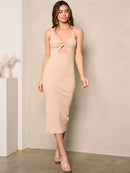 WOMEN'S SLEEVELESS BODYCON V-NECK FRONT CUT OUT MIDI DRESS