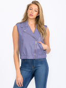 WOMEN'S SLEEVELESS ZIP UP FRONT POCKETS PU PLEATHER VEST