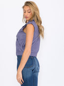 WOMEN'S SLEEVELESS ZIP UP FRONT POCKETS PU PLEATHER VEST