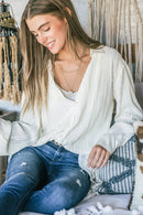 Cream Rib Pleated Design Silky Button Down Blouse