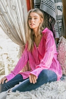 Fuchsia Rib Pleated Design Silky Button Down Blouse