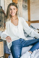 Cream Rib Pleated Design Silky Button Down Blouse