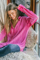 Fuchsia Rib Pleated Design Silky Button Down Blouse