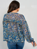 WOMEN'S LONG SLEEVE TIE NECK MULTI PRINT BLOUSE