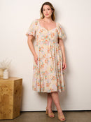 PLUS SIZE SHORT PUFF SLEEVE ELASTIC WAIST POCKETS TIERED FLORAL MIDI DRESS