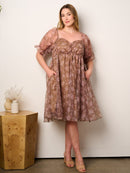 PLUS SIZE SHORT PUFF SLEEVE ELASTIC WAIST POCKETS FLORAL MIDI DRESS