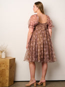 PLUS SIZE SHORT PUFF SLEEVE ELASTIC WAIST POCKETS FLORAL MIDI DRESS