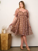 PLUS SIZE SHORT PUFF SLEEVE ELASTIC WAIST POCKETS FLORAL MIDI DRESS